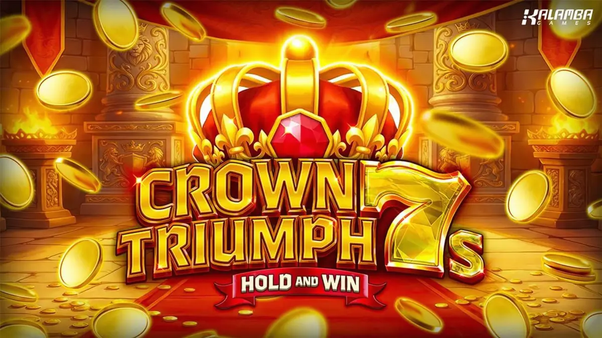 Interface do slot Crown Triumph 7s Hold and Win com símbolos de frutas e tema real