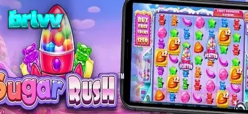 Captura de tela do jogo Sugar Rush, mostrando uma grade 7x7 cheia de doces coloridos e símbolos multiplicadores.